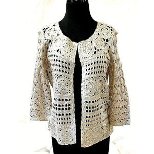 Womens  Chico's Size 1  (8-10) Cardigan Crochet Sweater Gold & Beige Tags
